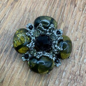 Dark Green Lucite Cabochons Vintage Silver Tone Black Rhinestone Center Brooch